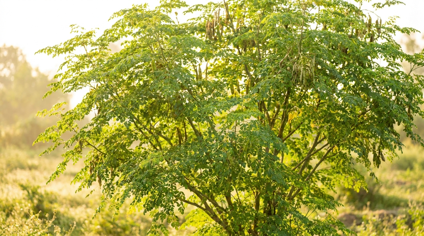 A mature moringa tree with a full green canopy growing outdoors in warm desert sunlight