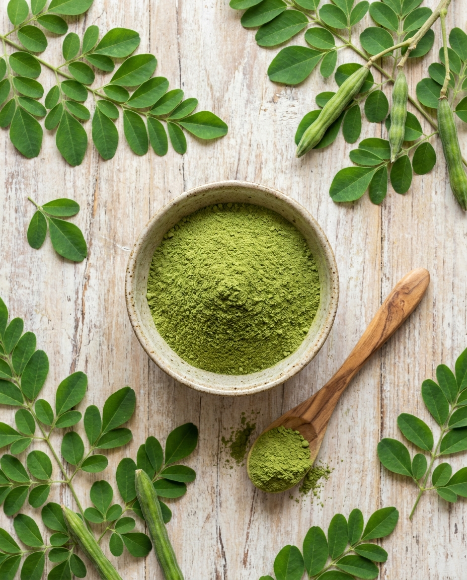 A bowl of finely ground moringa powder surrounded by moringa leaves and seed pods